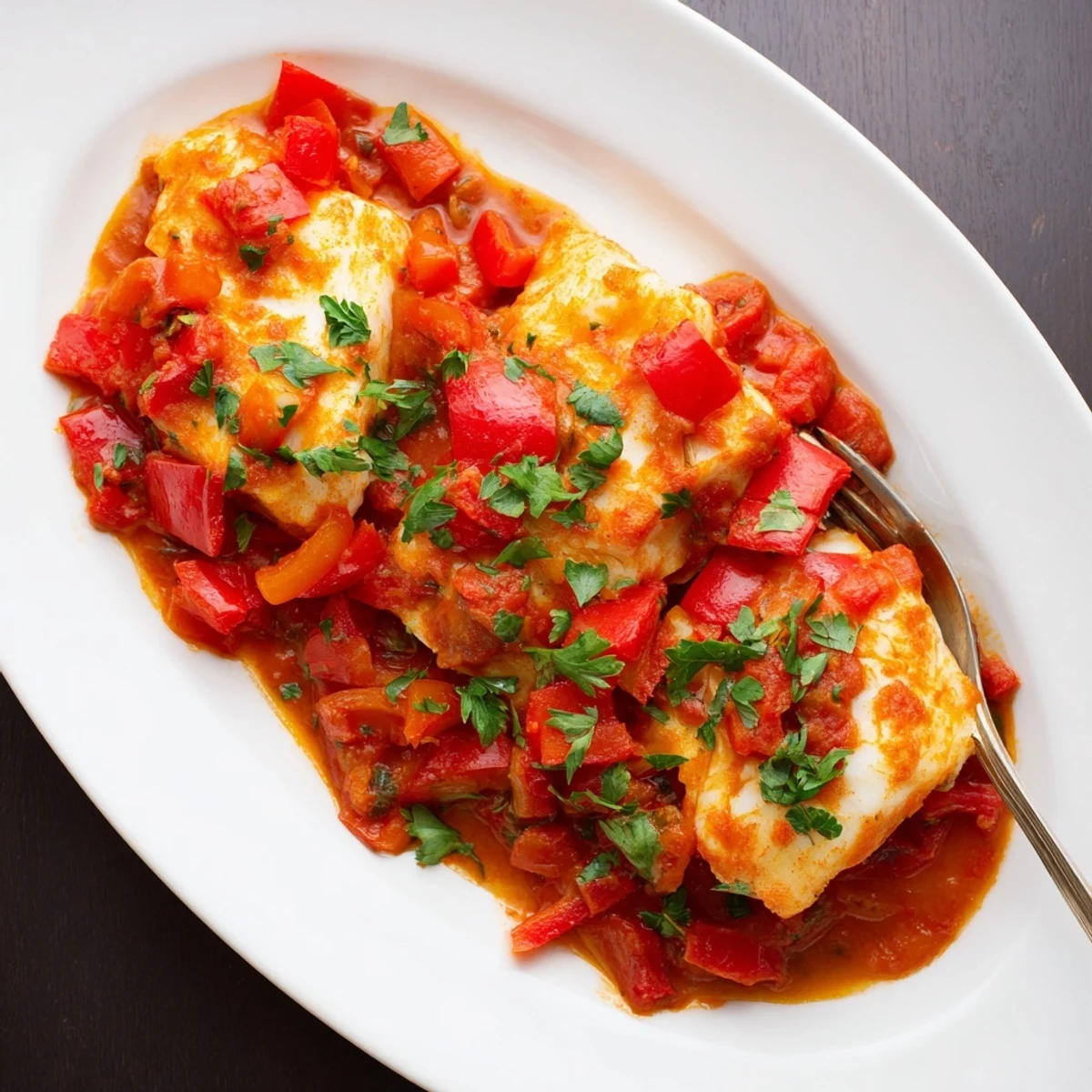 Tender cod pieces simmered gently in spiced tomato sauce topped with fresh cilantro and parsley garnish