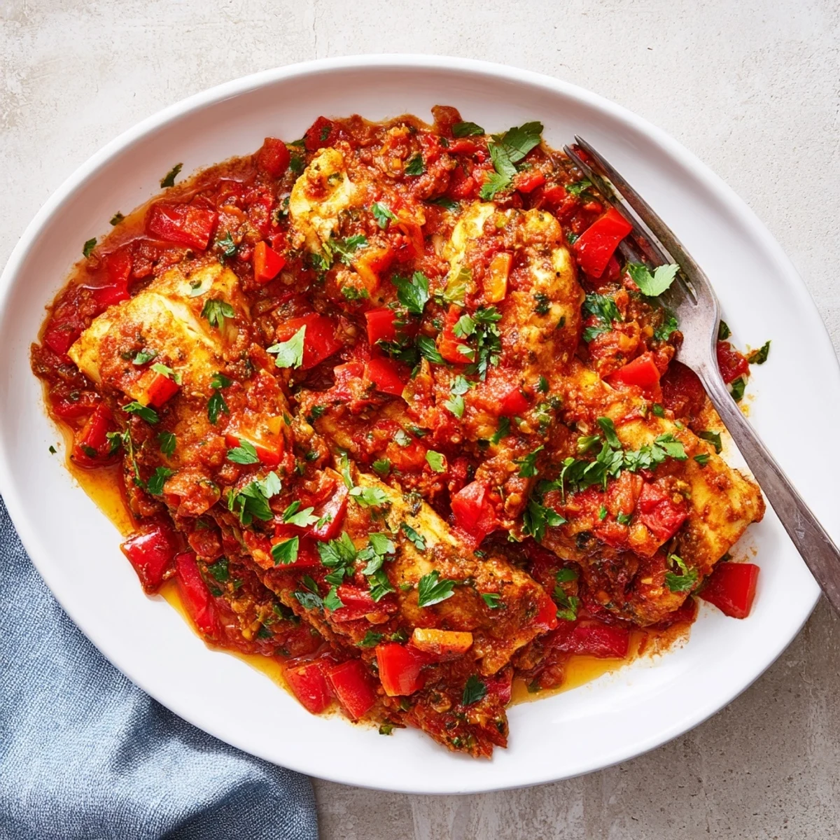 Golden flaky white fish fillets nestled in rich Moroccan tomato sauce with vibrant red peppers and aromatic herbs