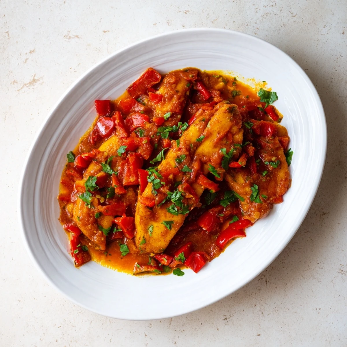 White fish braising in fragrant Moroccan tomato sauce with colorful diced bell peppers and green herbs