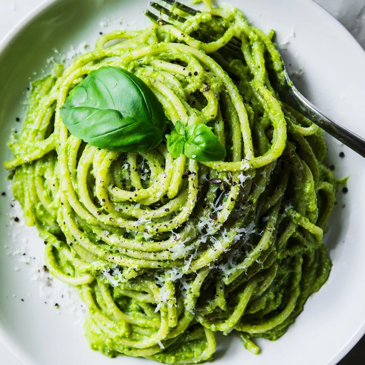 Bowl of spaghetti tossed with rich avocado pesto featuring fresh spinach and aromatic basil