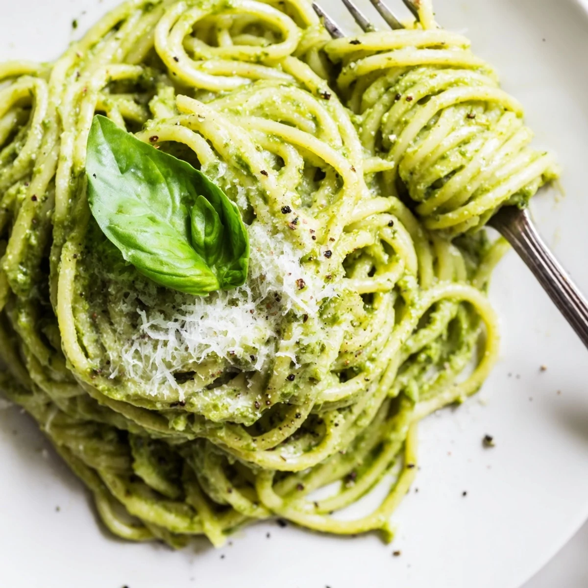 Creamy avocado spinach basil pesto coats al dente spaghetti noodles in vibrant green sauce
