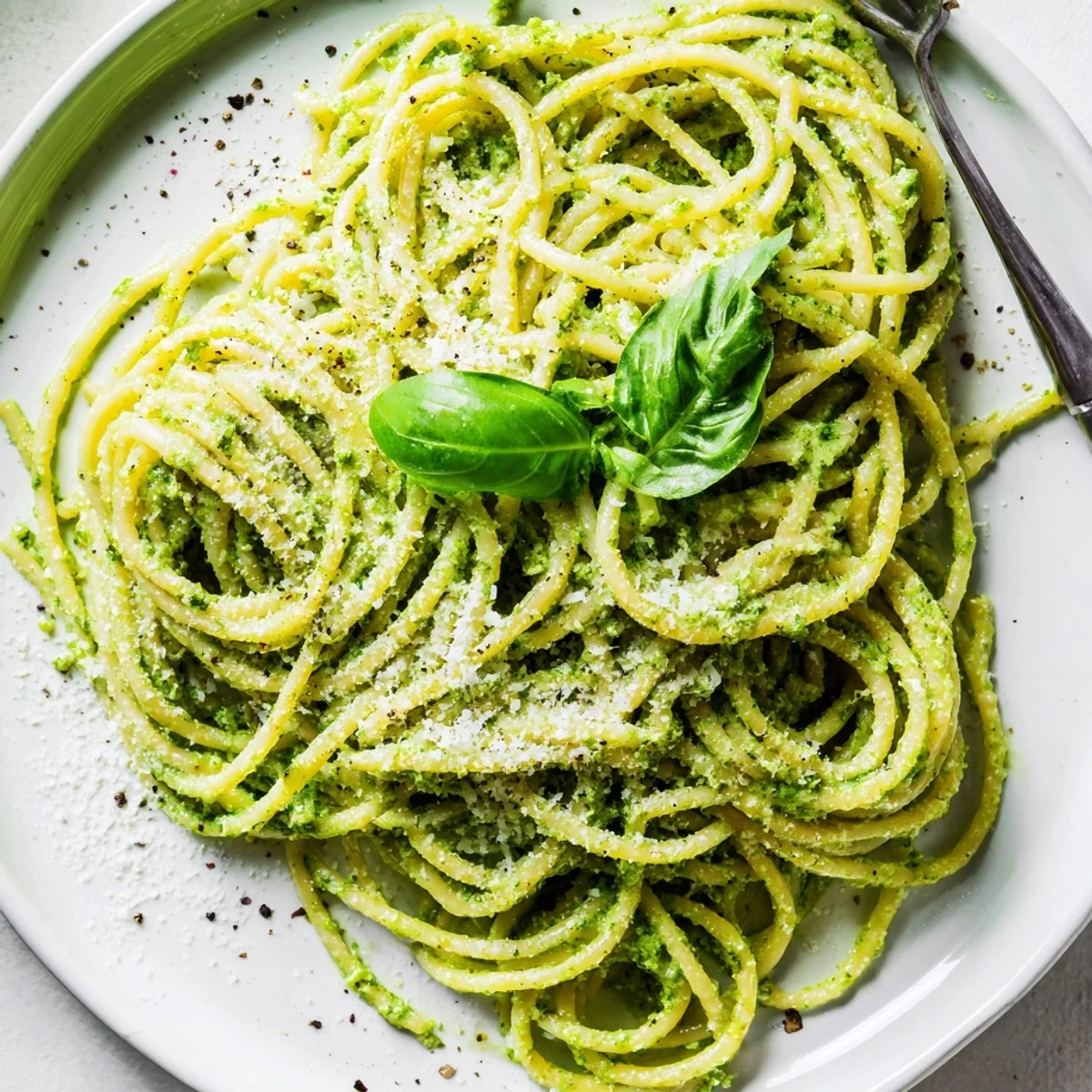 Delicious green pesto pasta dish with creamy avocado, spinach, and basil garnished with Parmesan