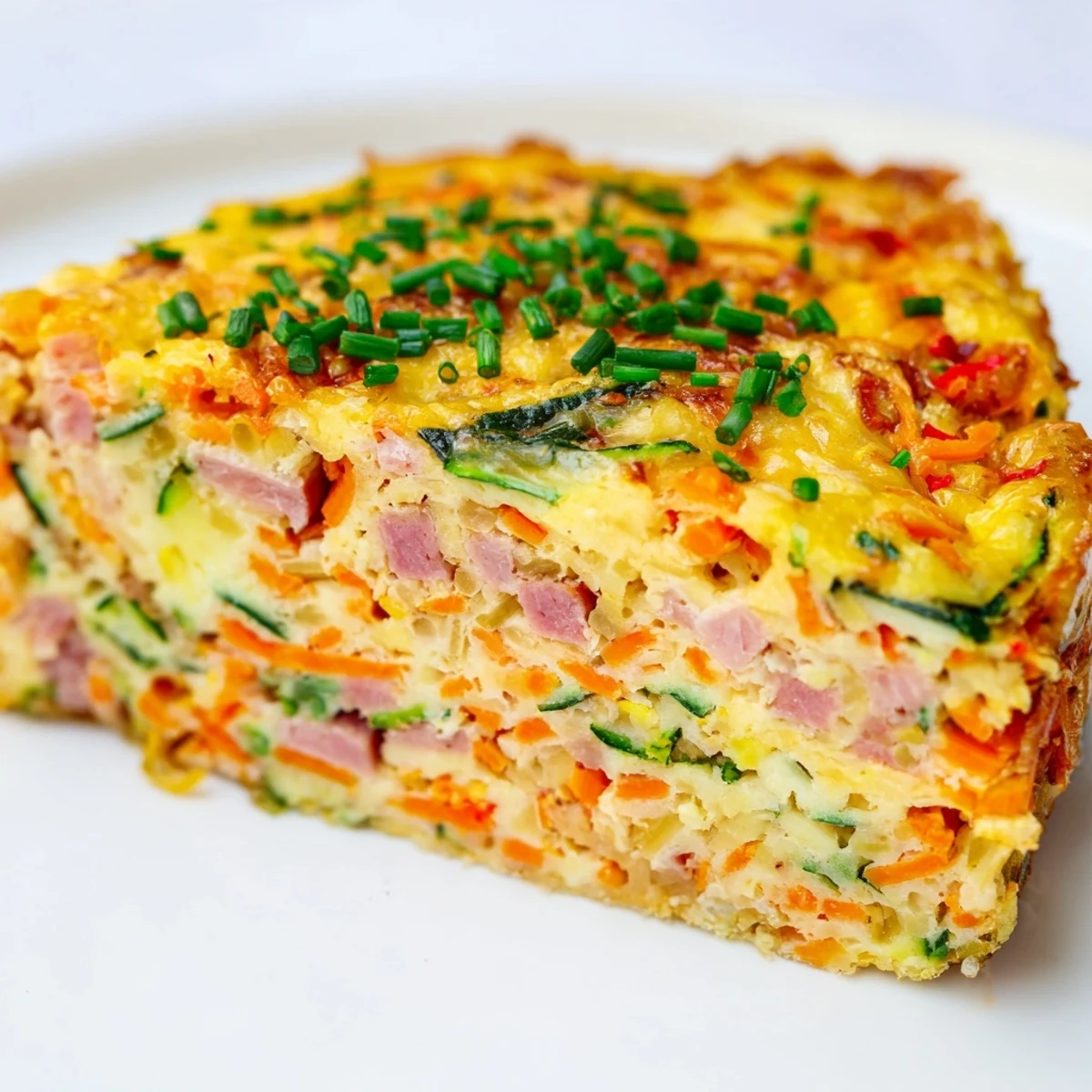 Savory vegetable and ham slice loaded with colorful diced peppers and grated carrots