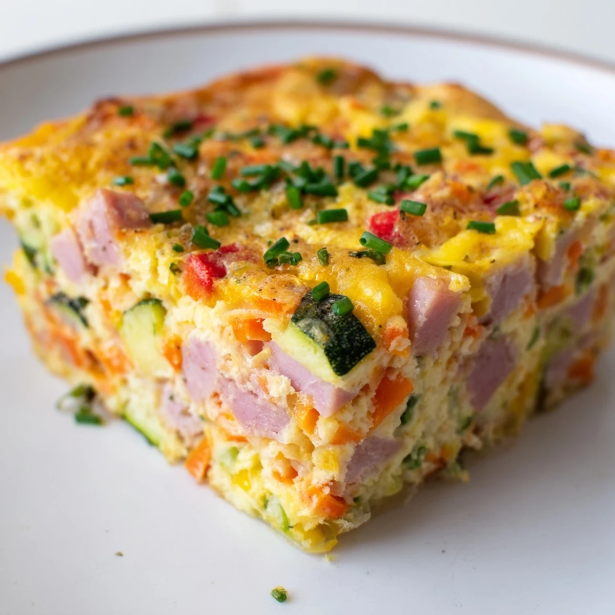 Golden vegetable and ham slice fresh from the oven, ready for slicing