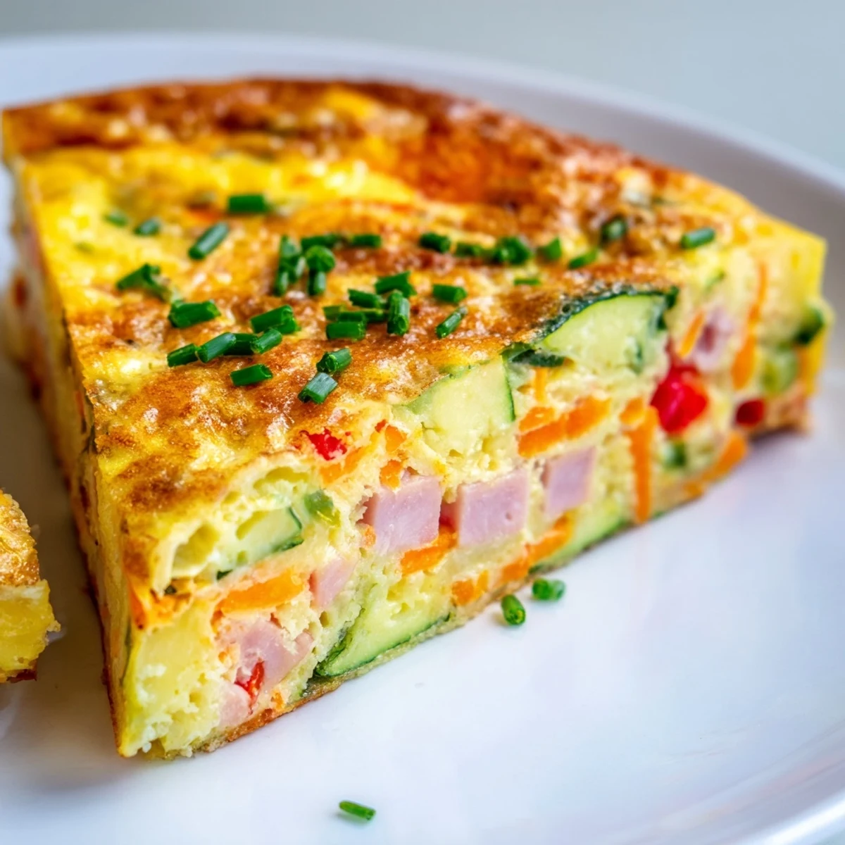 Moist vegetable and ham slice pieces arranged on a serving plate with fresh herbs