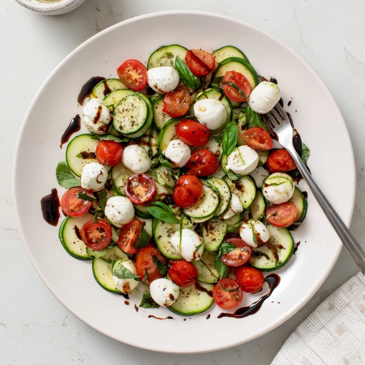 Fresh Easy Cucumber Caprese Salad bowl featuring crisp cucumber slices, cherry tomatoes, and creamy mozzarella drizzled with balsamic glaze