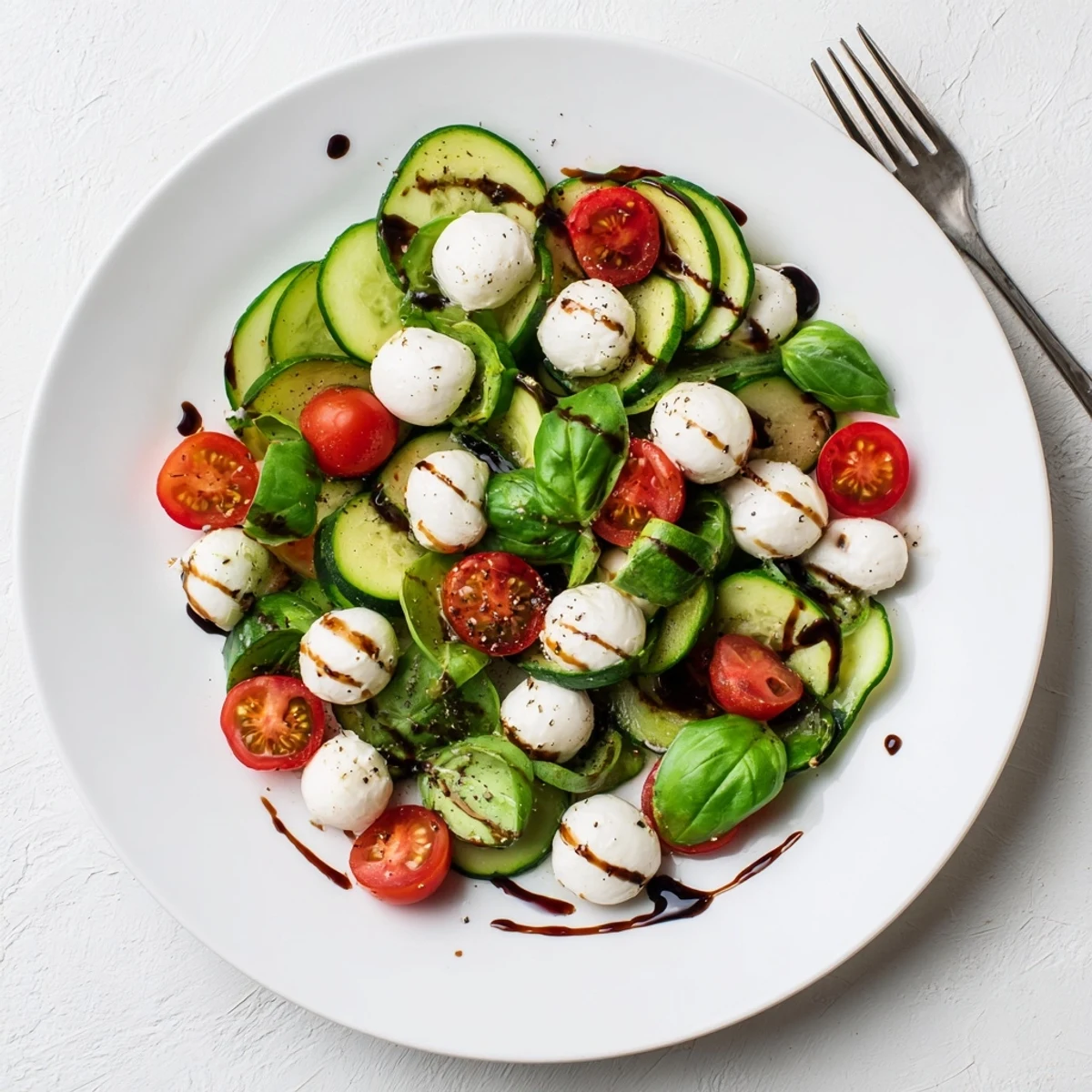 Vibrant Easy Cucumber Caprese Salad arranged on a white serving platter with green basil leaves and glistening olive oil dressing