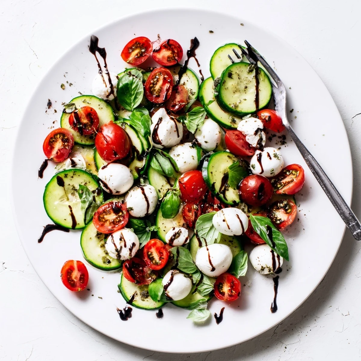 Summer Easy Cucumber Caprese Salad in a glass bowl displaying layered mozzarella balls, halved tomatoes, and thin cucumber rounds with basil