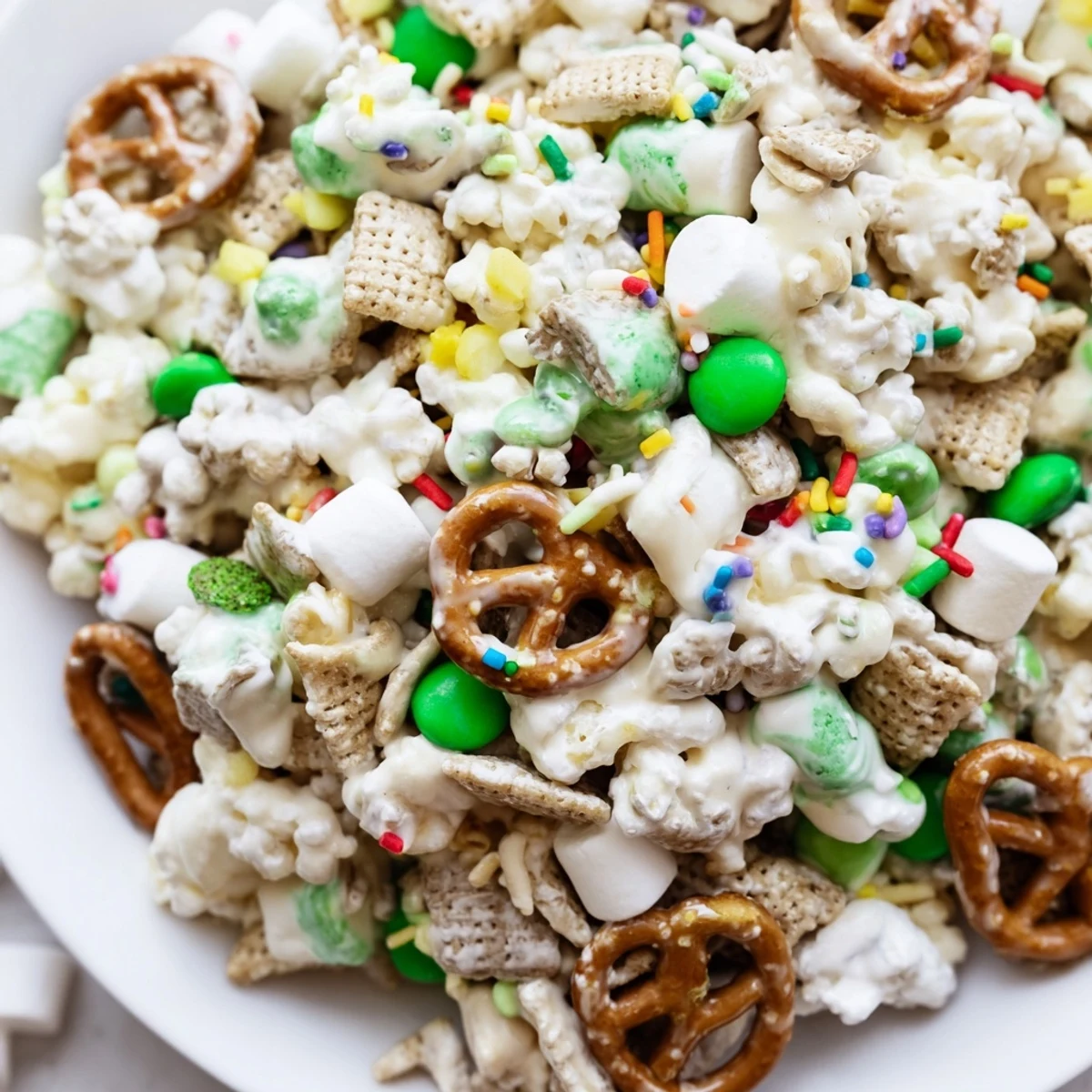 White chocolate coated Leprechaun Bait featuring green M&Ms, popcorn, and crunchy pretzel clusters