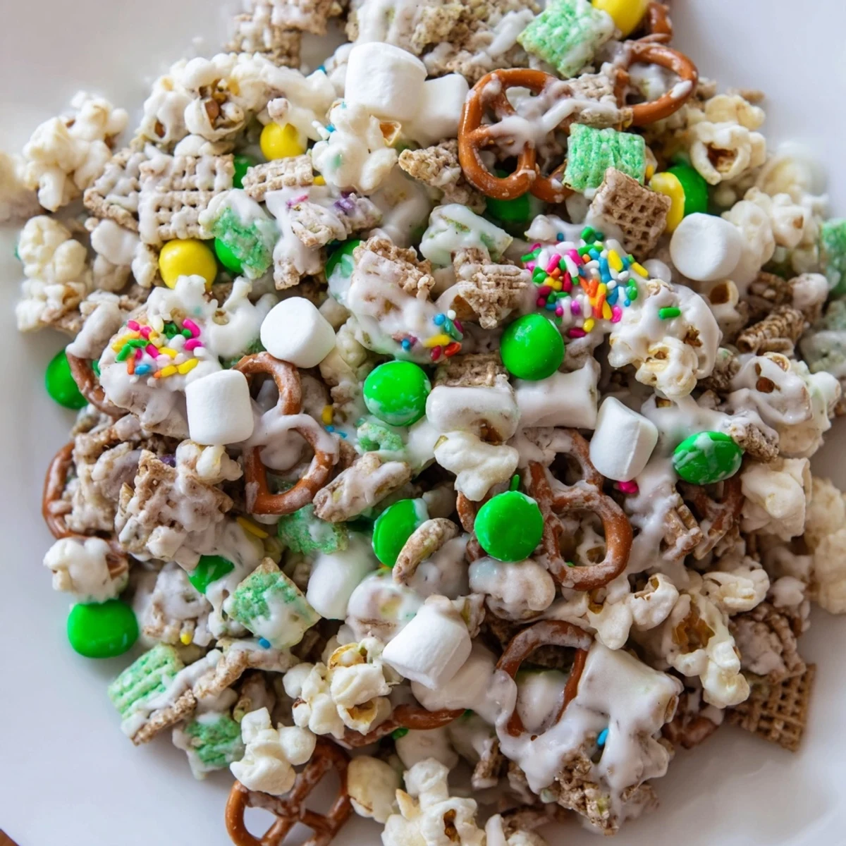 Sweet and salty Leprechaun Bait piled in a bowl with rainbow sprinkles and marshmallows