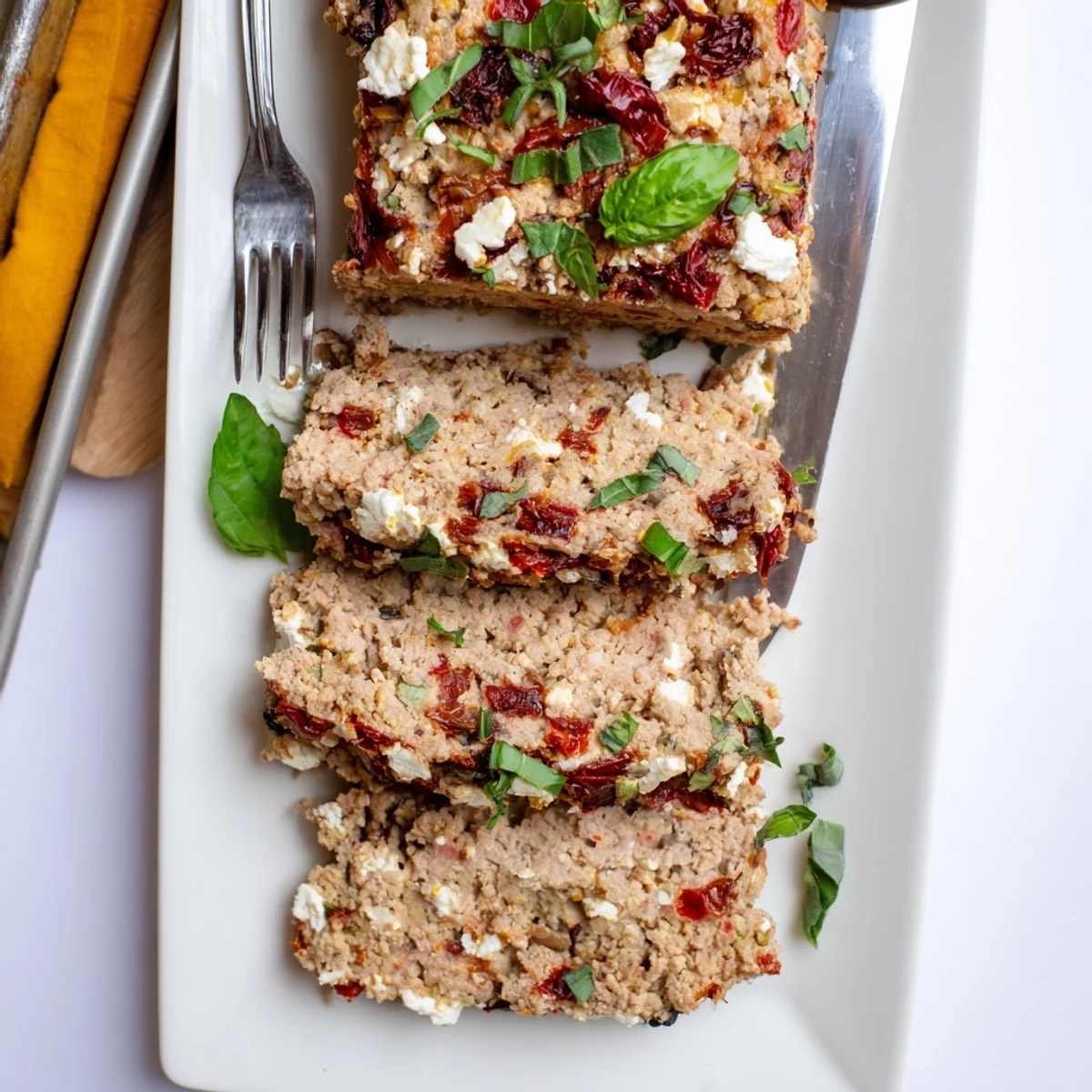 Golden brown Mediterranean turkey meatloaf sliced to reveal feta and sun-dried tomato pieces