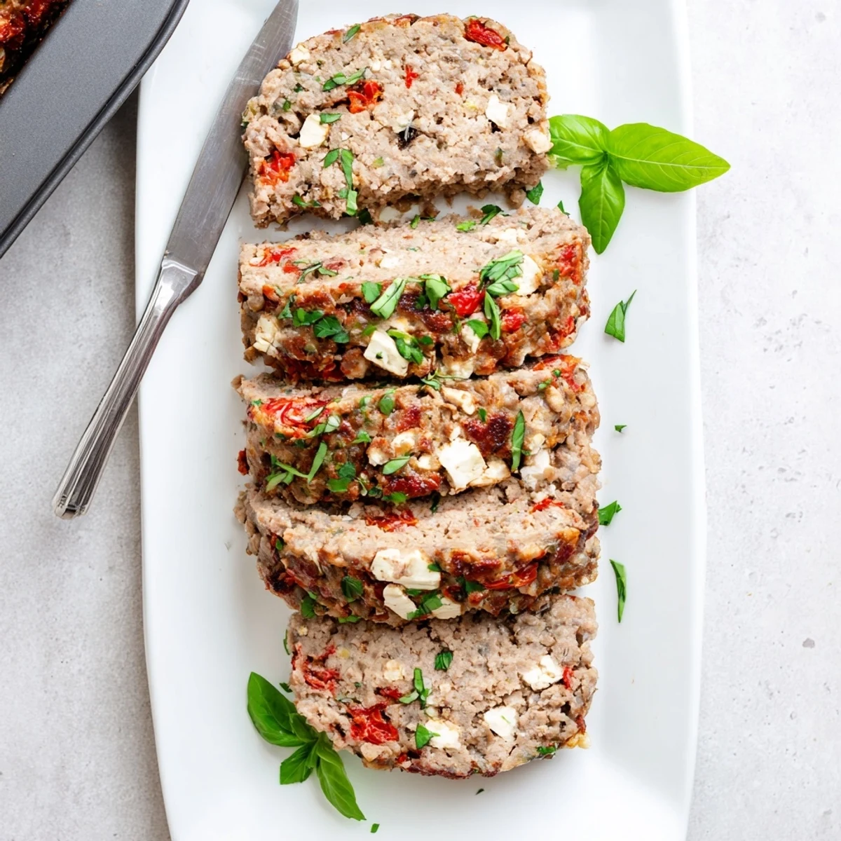 Juicy turkey meatloaf loaf topped with fresh parsley on a white serving platter
