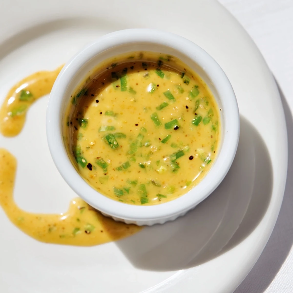 Golden jalapeño honey mustard sauce drizzled over grilled chicken with fresh pepper bits visible