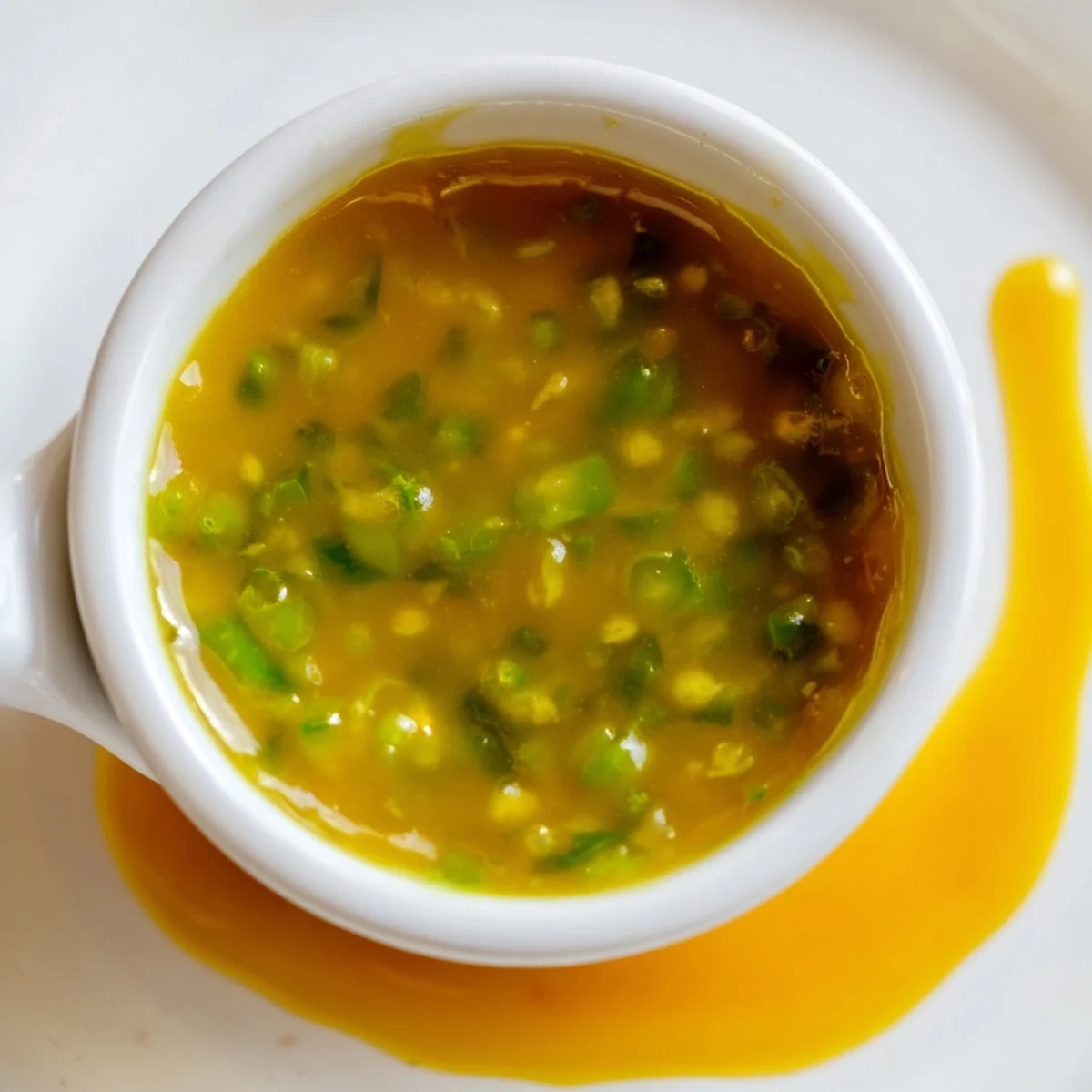 Creamy honey mustard sauce with diced jalapeños served in a glass dipping bowl
