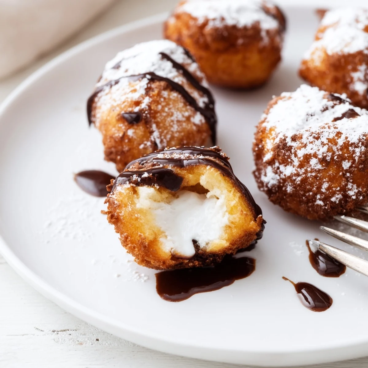 Golden brown deep fried marshmallows with powdered sugar dusting on a white plate