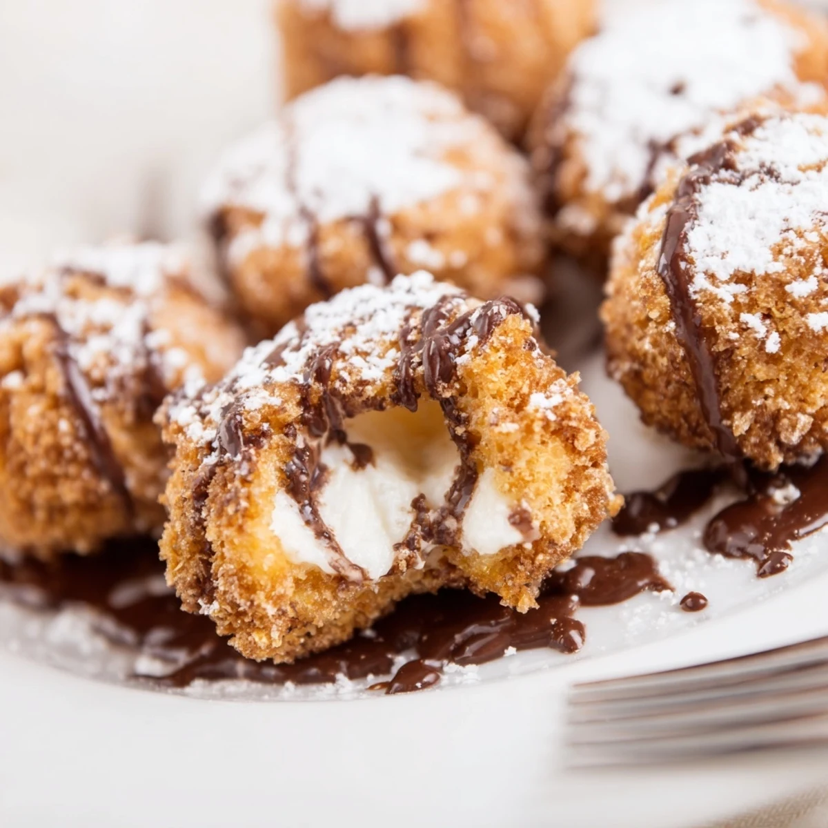 Warm gooey deep fried marshmallows stacked high with caramel sauce and fresh berries