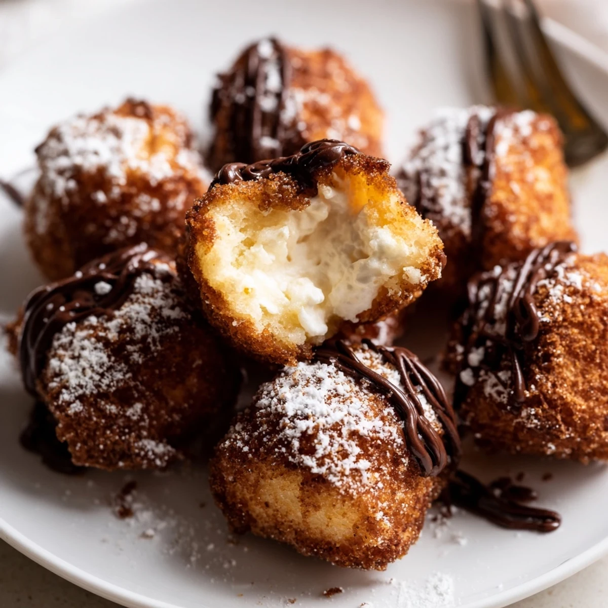 Crispy battered deep fried marshmallows drizzled with chocolate sauce on a serving platter