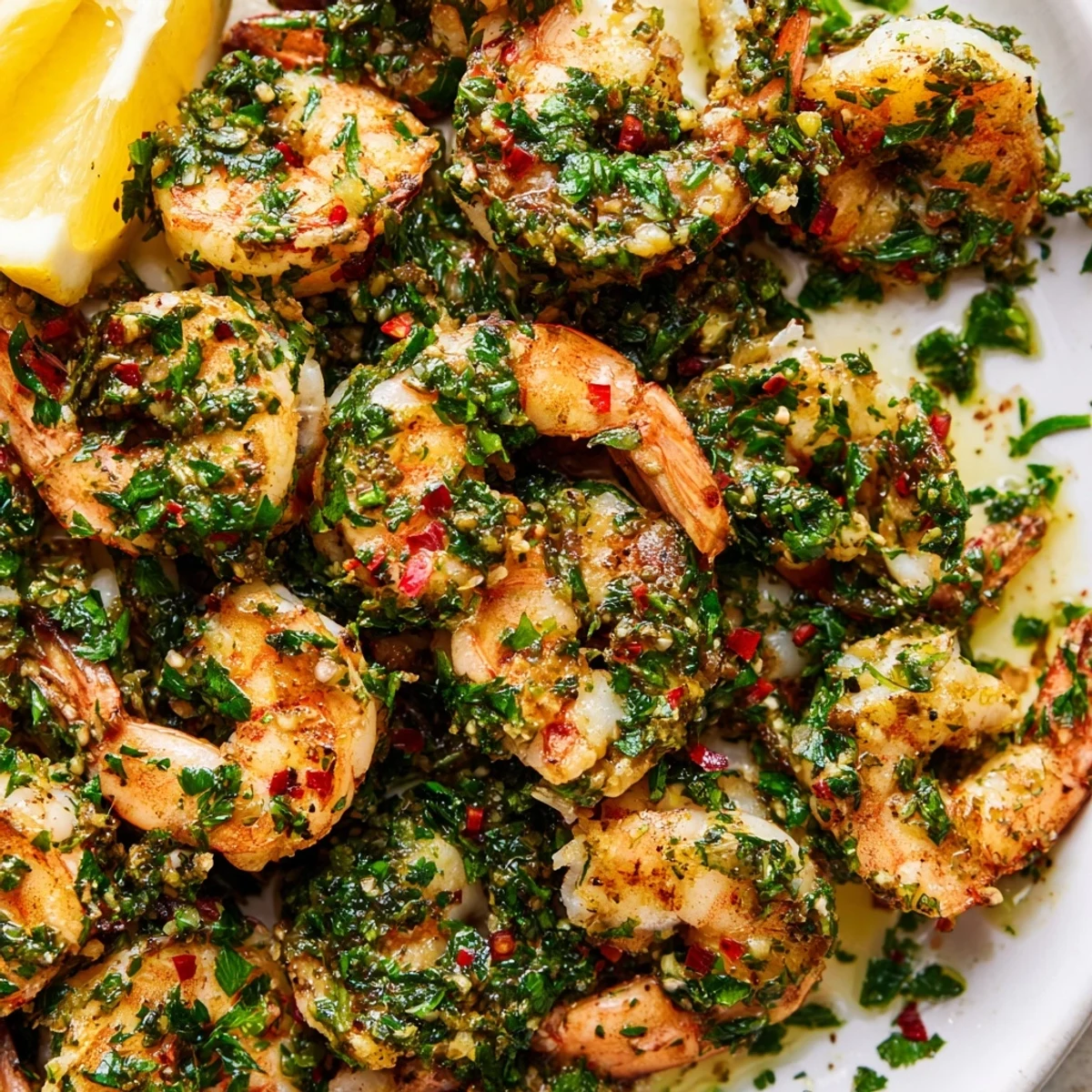 Golden pan seared chimichurri shrimp topped with vibrant green herb sauce on a white plate