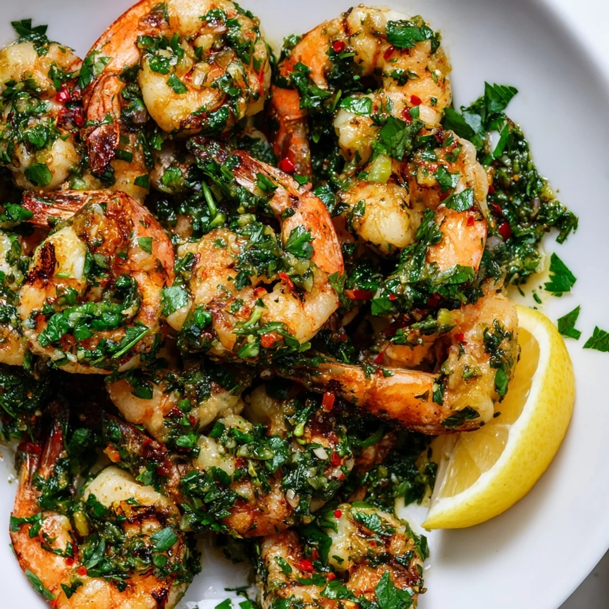 Succulent shrimp seared to perfection, coated in fresh chimichurri sauce with parsley and cilantro