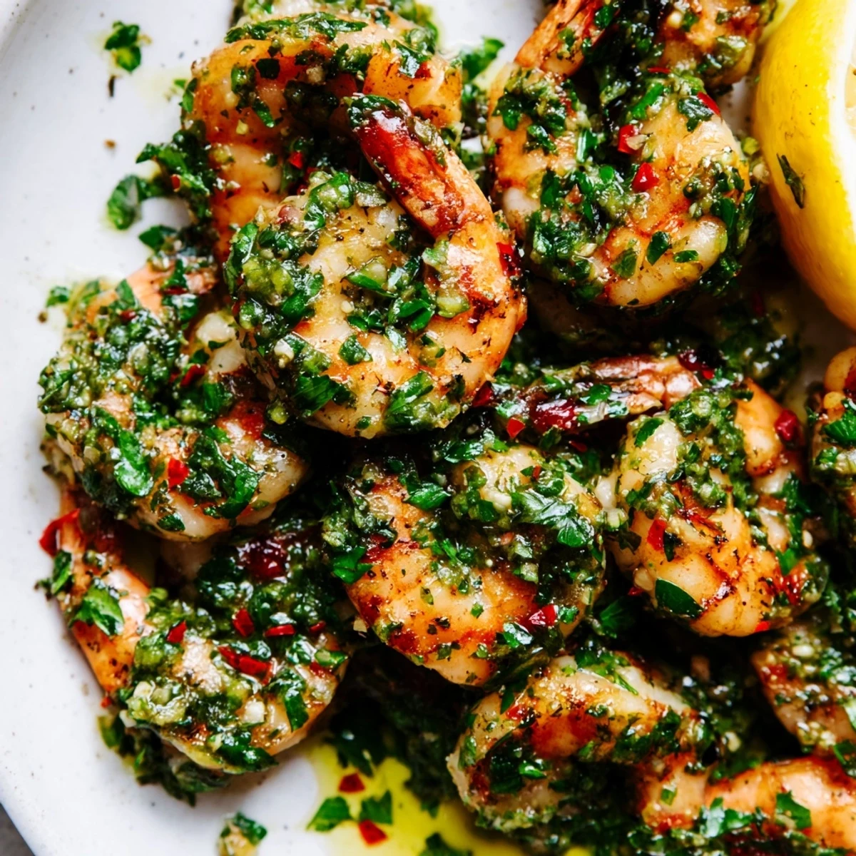 Plump pan seared chimichurri shrimp arranged on a serving platter with zesty herb drizzle