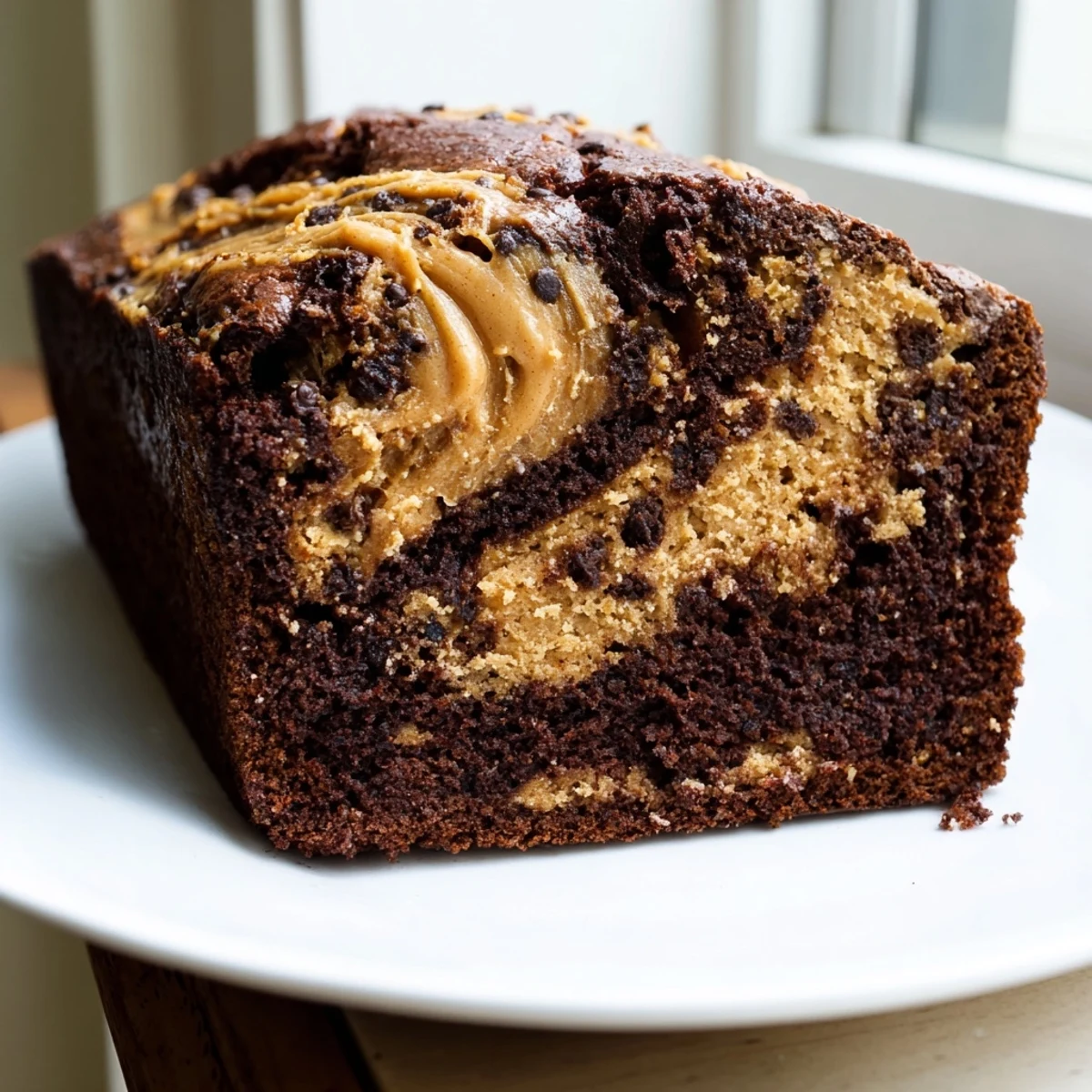 Golden slice of chocolate peanut butter banana bread with melted chocolate chips on a wooden board