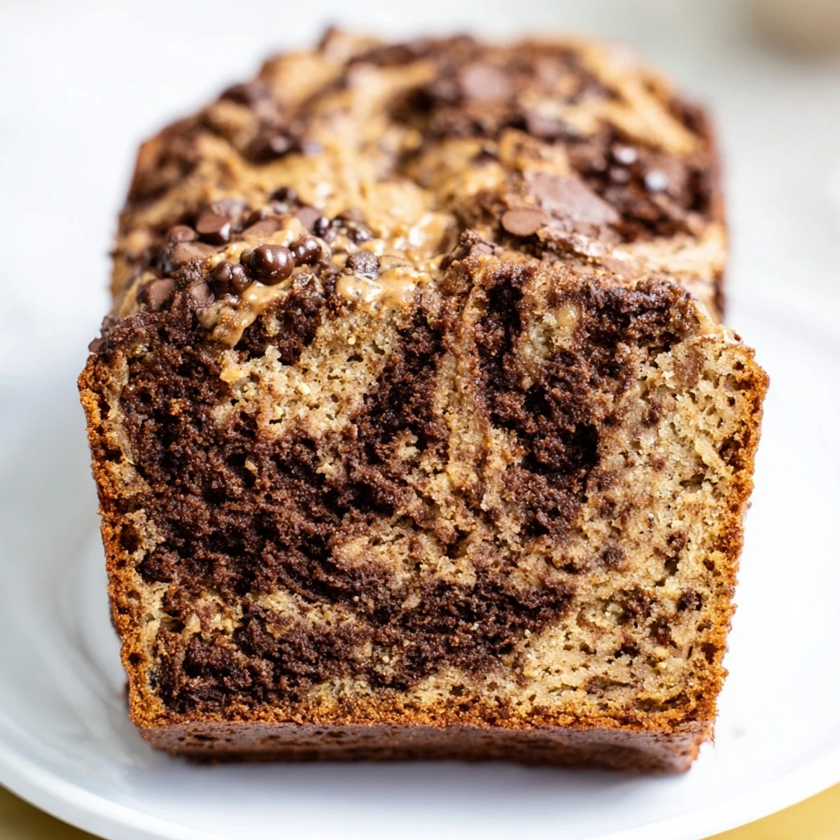 Moist chocolate peanut butter banana bread loaf swirled with creamy peanut butter drizzle on wire rack