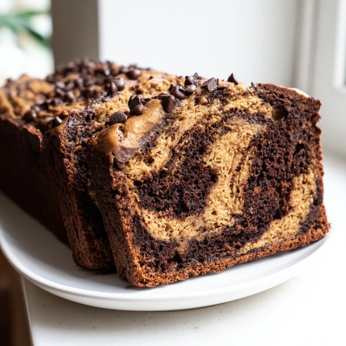 Thick slice of chocolate peanut butter banana bread topped with chocolate chips and peanut butter swirl