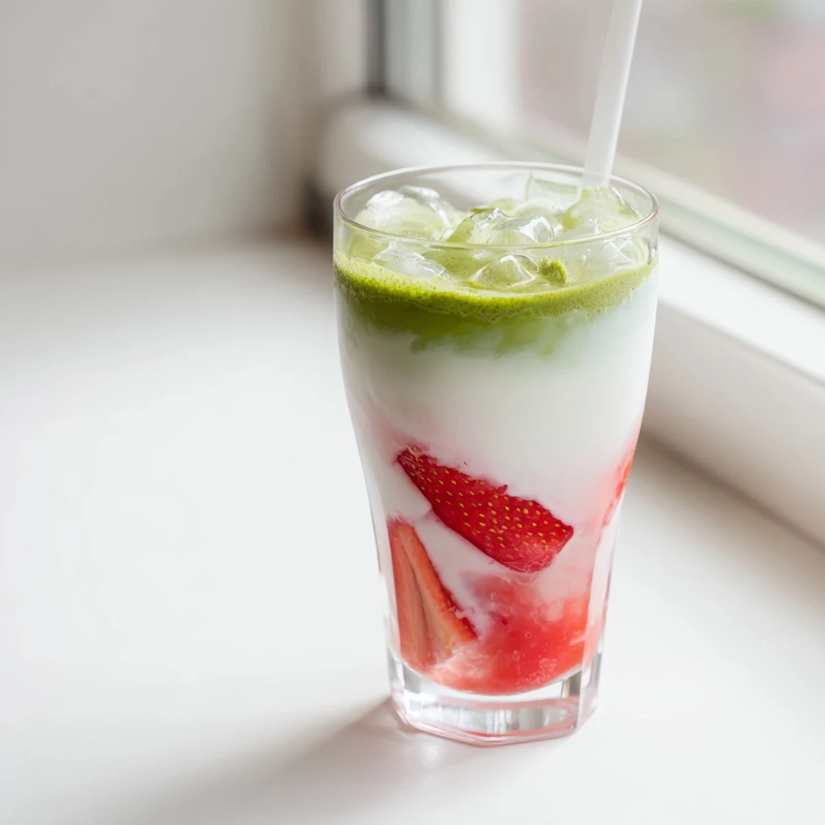 Layered strawberry matcha latte with vibrant red strawberry puree and earthy green matcha topped with creamy white milk