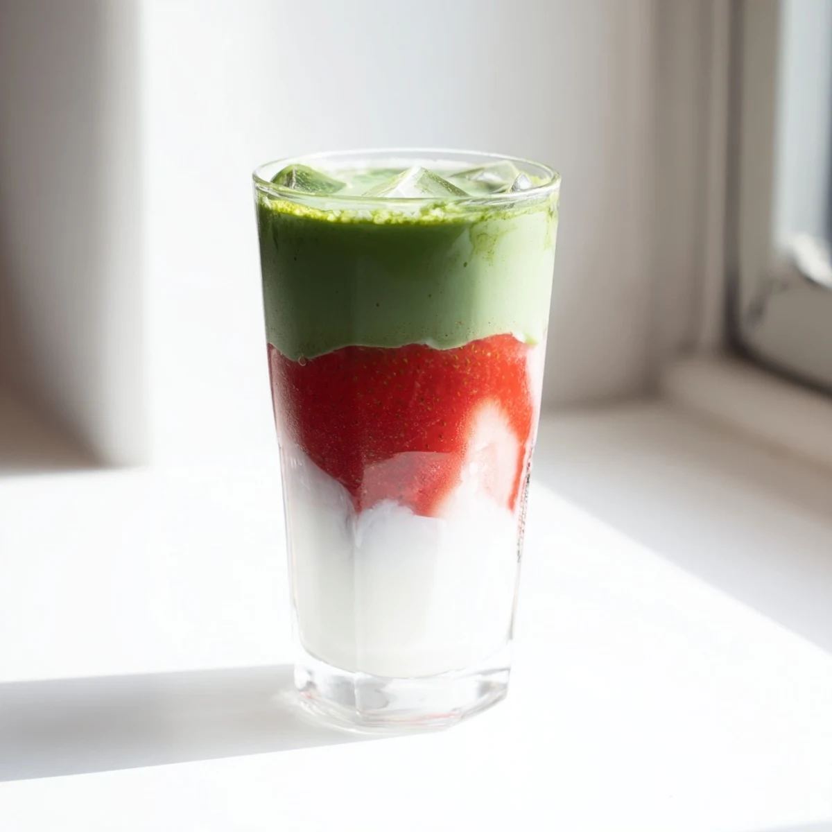 Fresh strawberry matcha latte served in a glass showing beautiful pink green white gradient layers with ice cubes