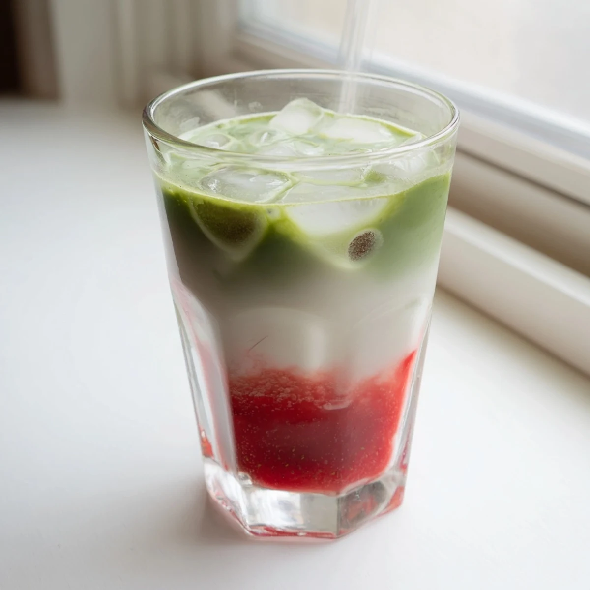 Refreshing strawberry matcha latte featuring sweet strawberry base frothy matcha middle layer and cold milk on top