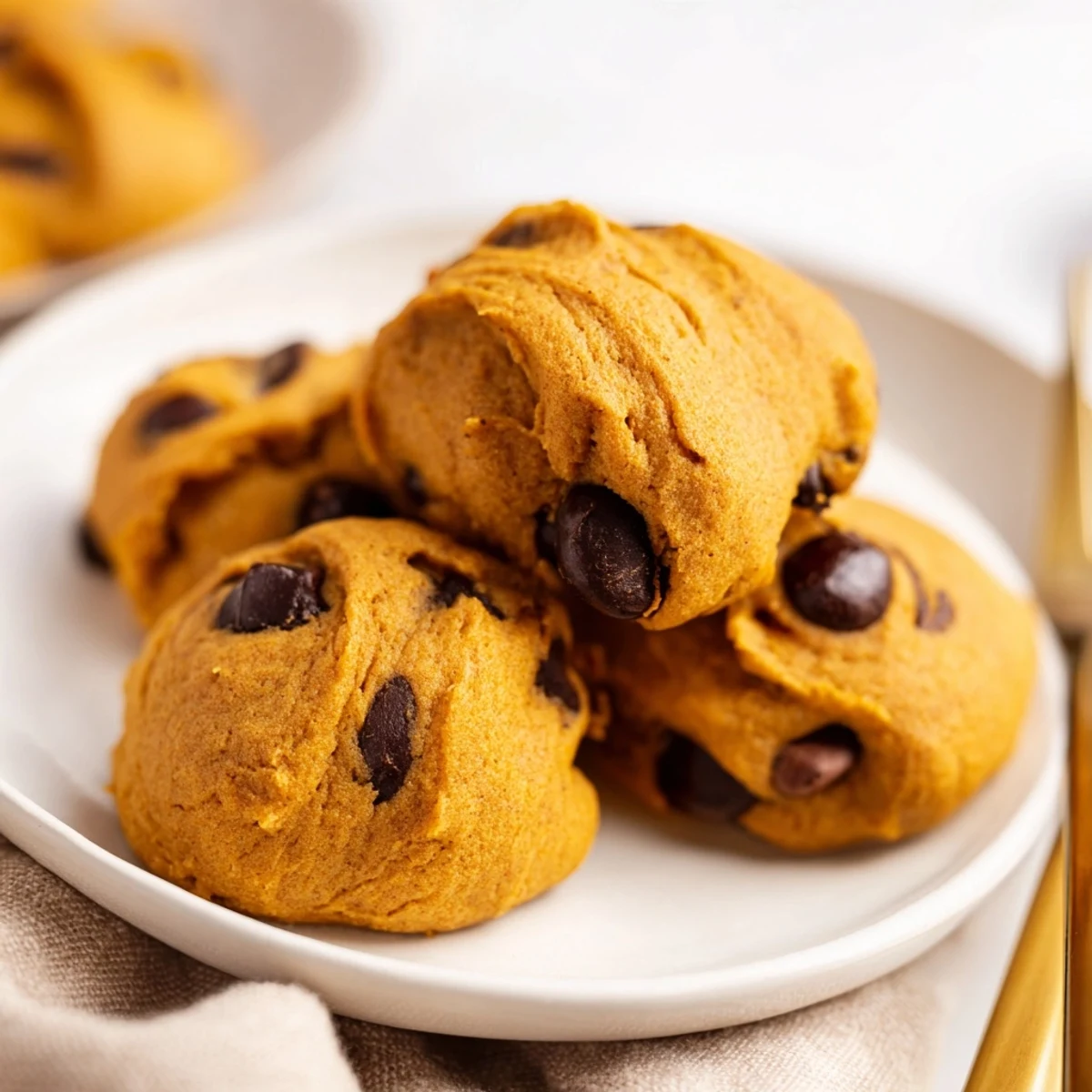 Soft pumpkin cookies with warm cinnamon spice stacked on a wooden board