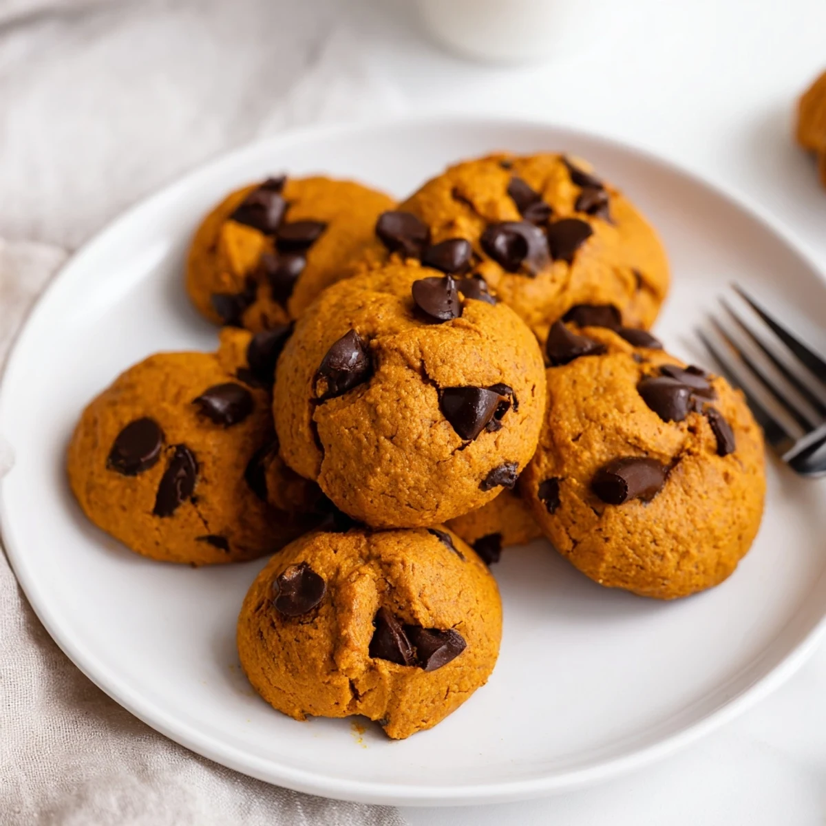 Cake-like soft pumpkin cookies topped with optional chocolate chips on white plate