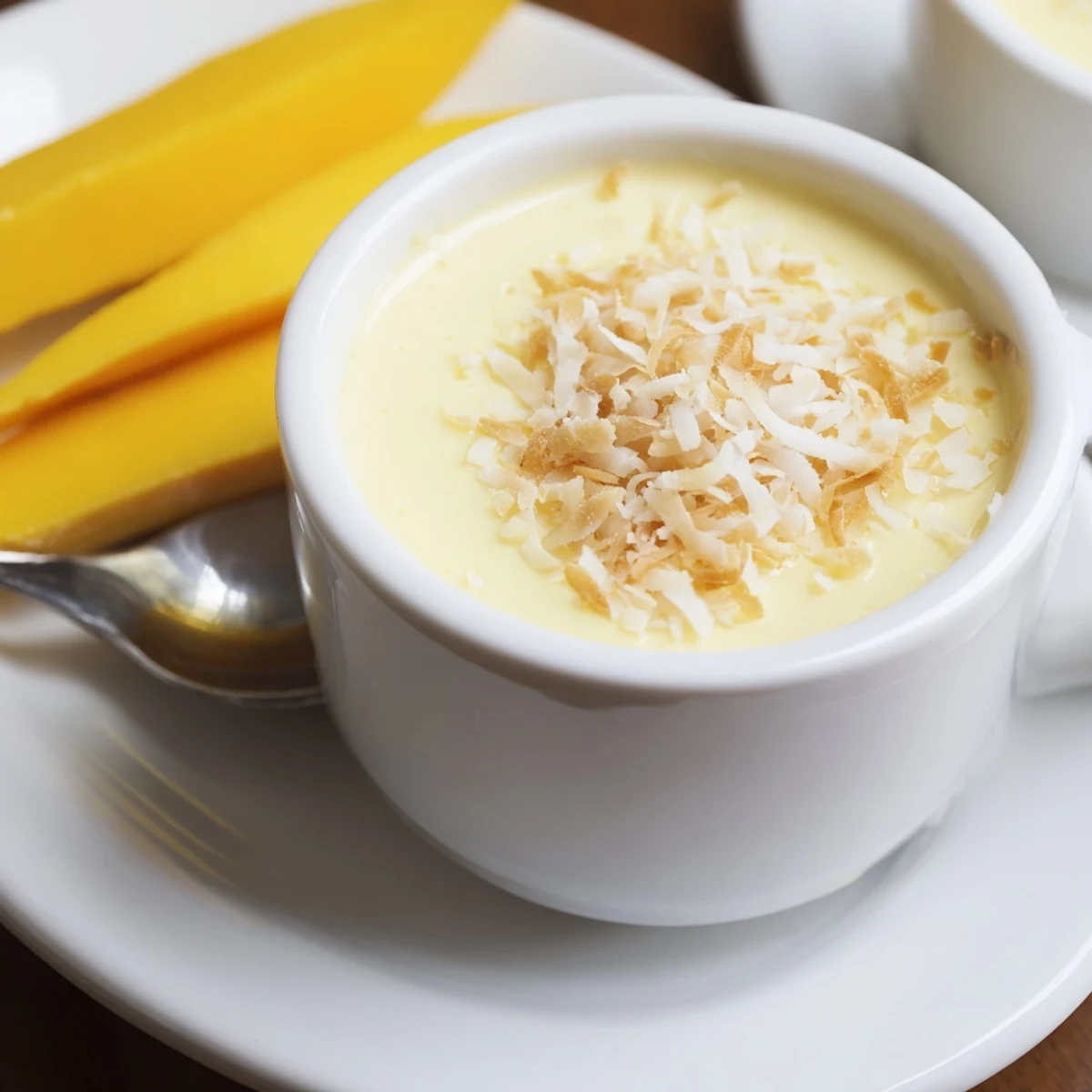 Traditional Thai coconut custard served in small bowls with toasted coconut and tropical fruit