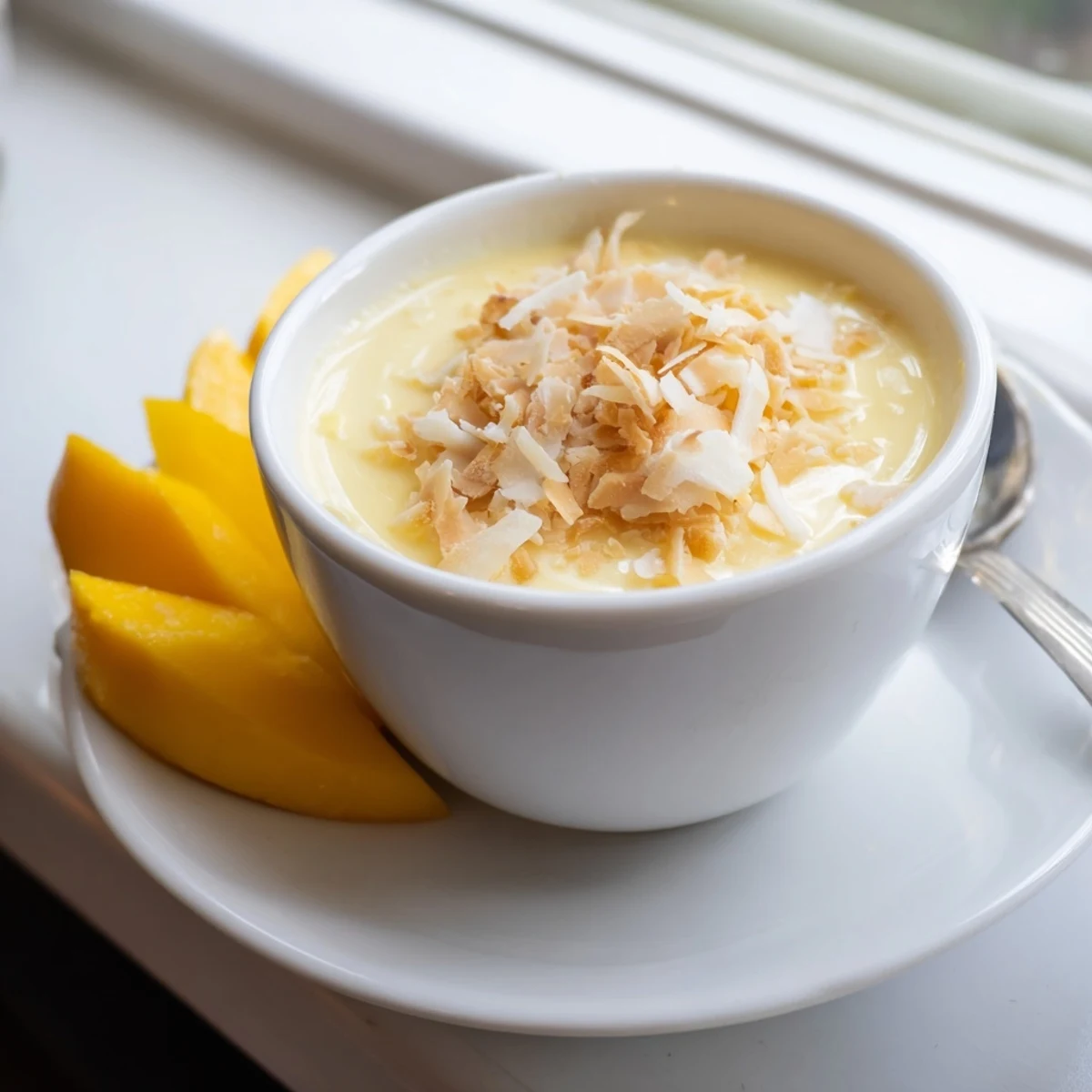 Creamy Thai coconut custard dessert chilled and garnished with fresh ripe mango slices