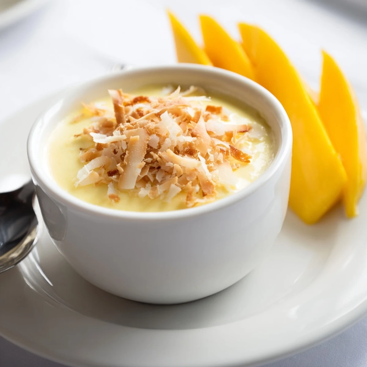 Silky smooth Thai coconut custard steamed in white ramekins with golden shredded coconut topping