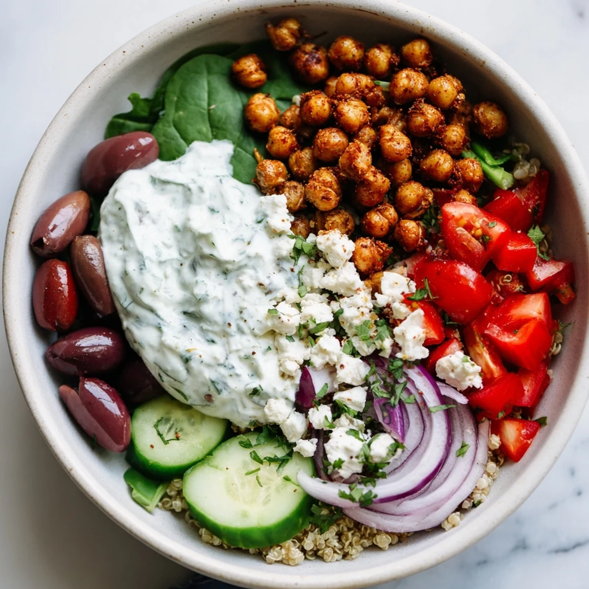 Vibrant Greek power bowl with quinoa, fresh vegetables, feta cheese, and creamy tzatziki sauce topping