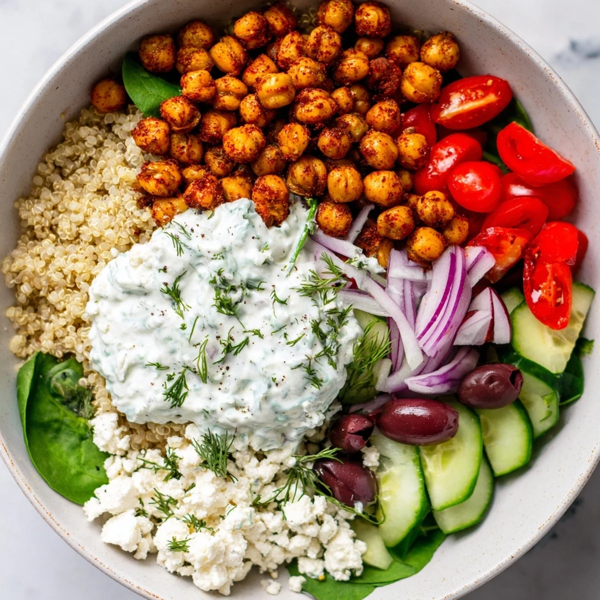 Healthy vegetarian Greek power bowl featuring roasted chickpeas, crisp vegetables, and tangy tzatziki drizzle