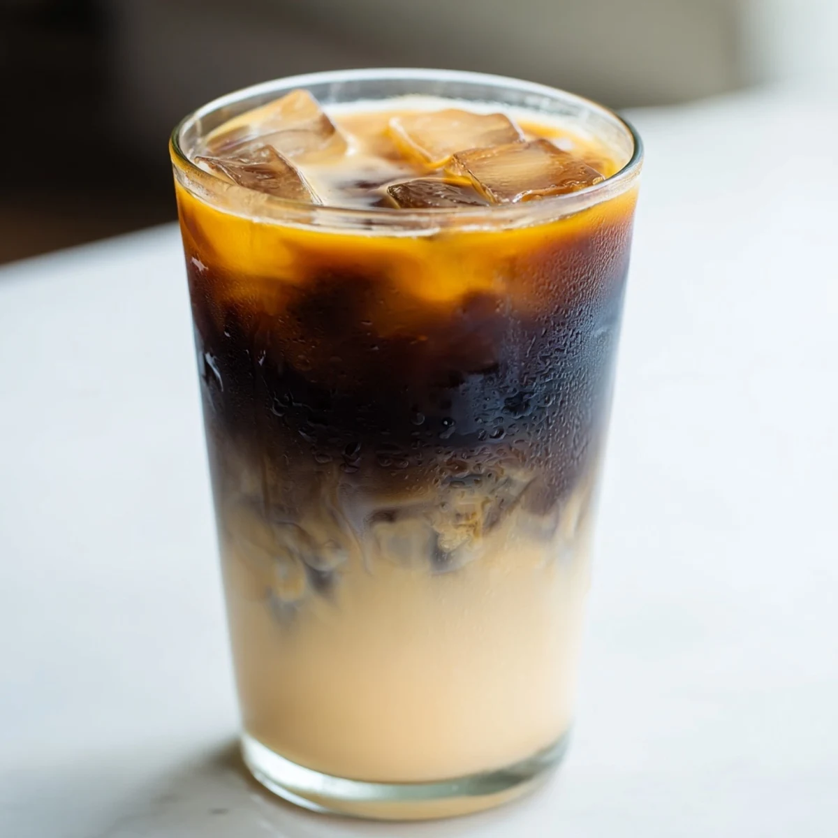 Golden glass of creamy Okinawa milk tea with swirling brown sugar over ice