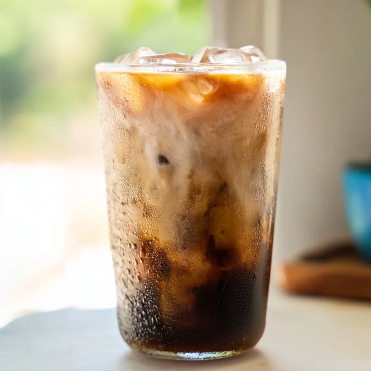 Refreshing Okinawa milk tea poured over ice cubes showing rich caramel colored layers