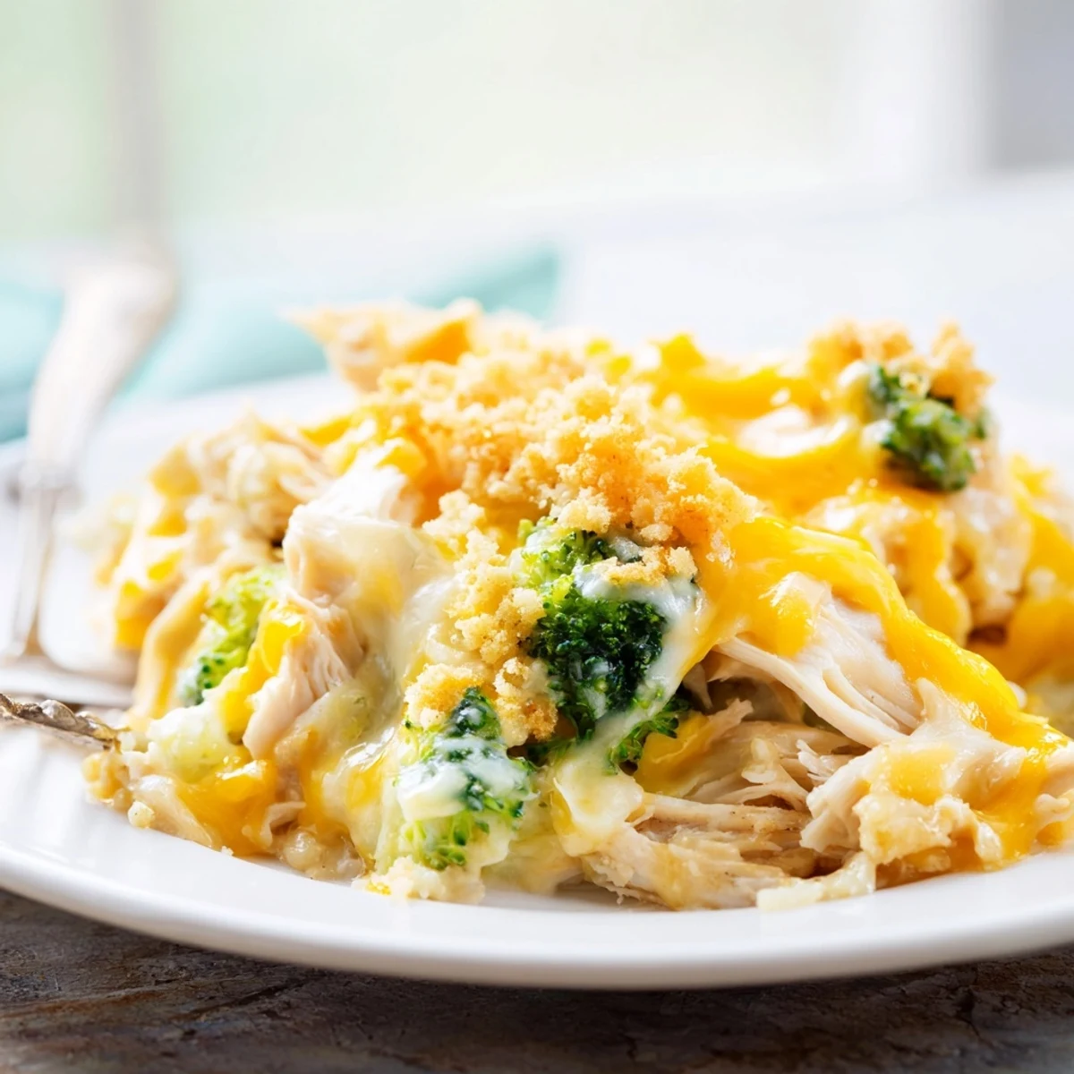 Golden chicken broccoli casserole with melted cheddar and crispy buttered panko topping bubbling in a baking dish