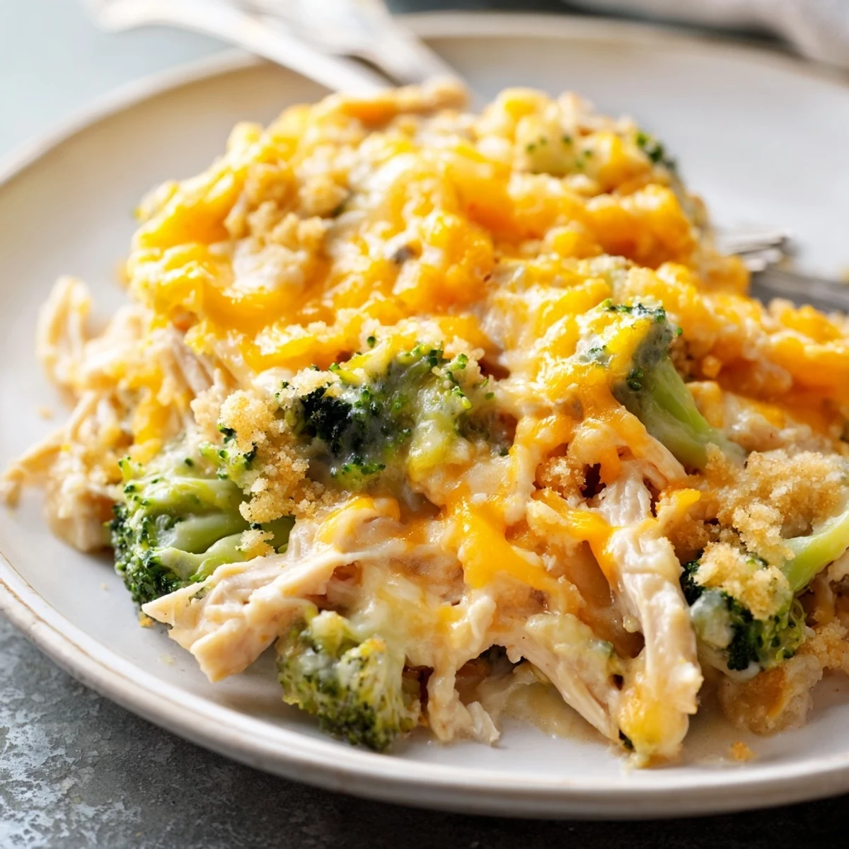 Creamy chicken broccoli casserole featuring tender chicken pieces and bright green florets smothered in rich cheese sauce