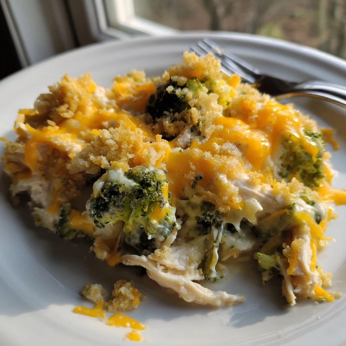 Homemade chicken broccoli casserole fresh from the oven with golden brown breadcrumb crust and oozing cheddar cheese