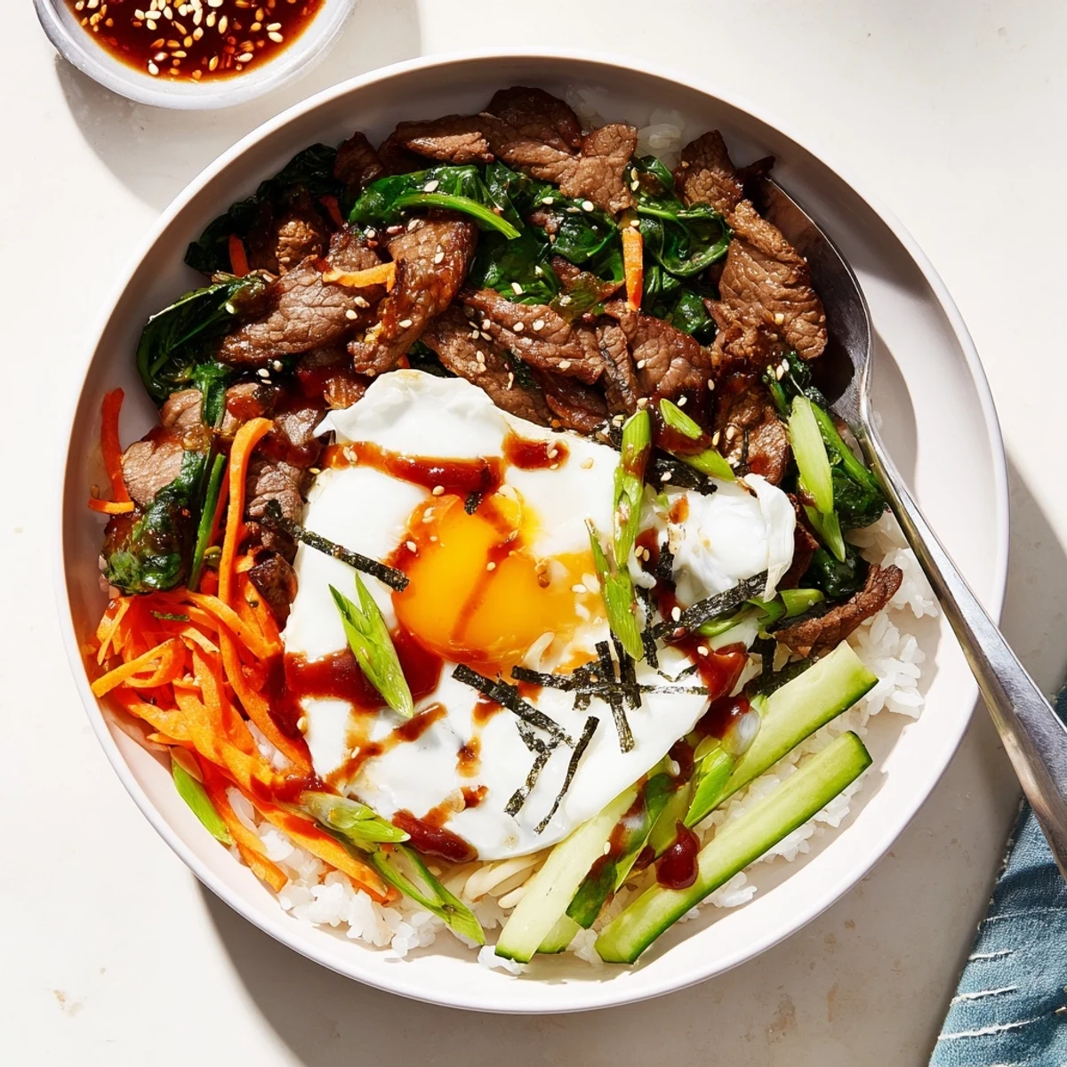 Korean-inspired breakfast bowl featuring marinated beef, crispy vegetables, and runny fried egg over steamed rice