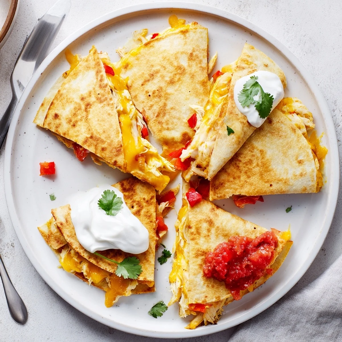 Golden crispy chicken quesadillas with melted cheese and colorful diced peppers