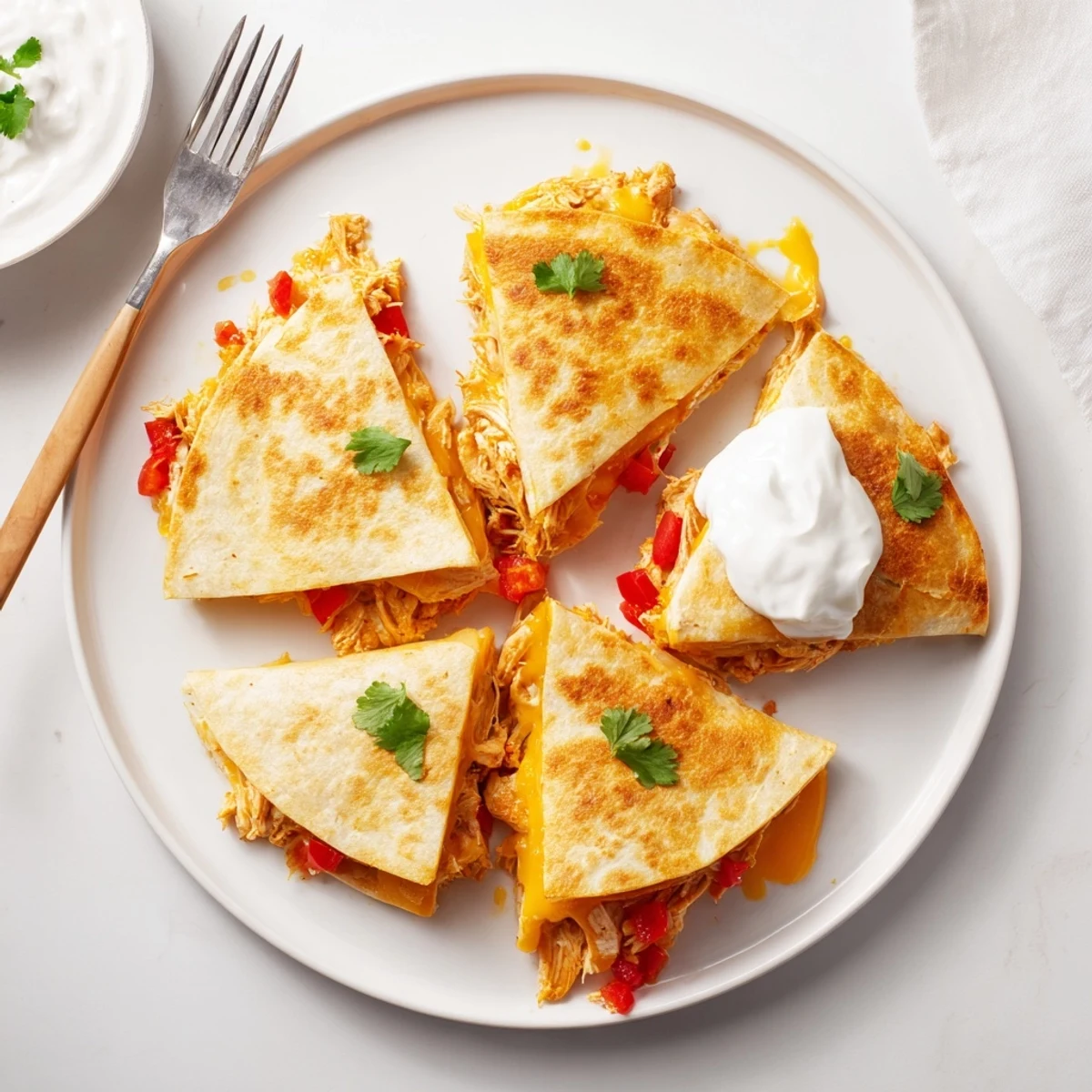 Family dinner table featuring crispy chicken quesadillas served with sour cream and salsa