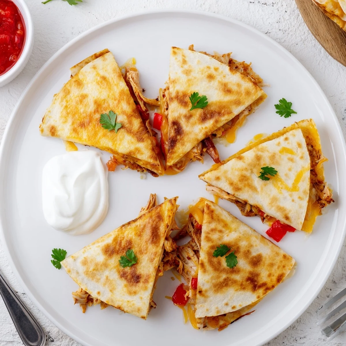 Warm tortilla triangles stuffed with seasoned shredded chicken and oozing Monterey Jack