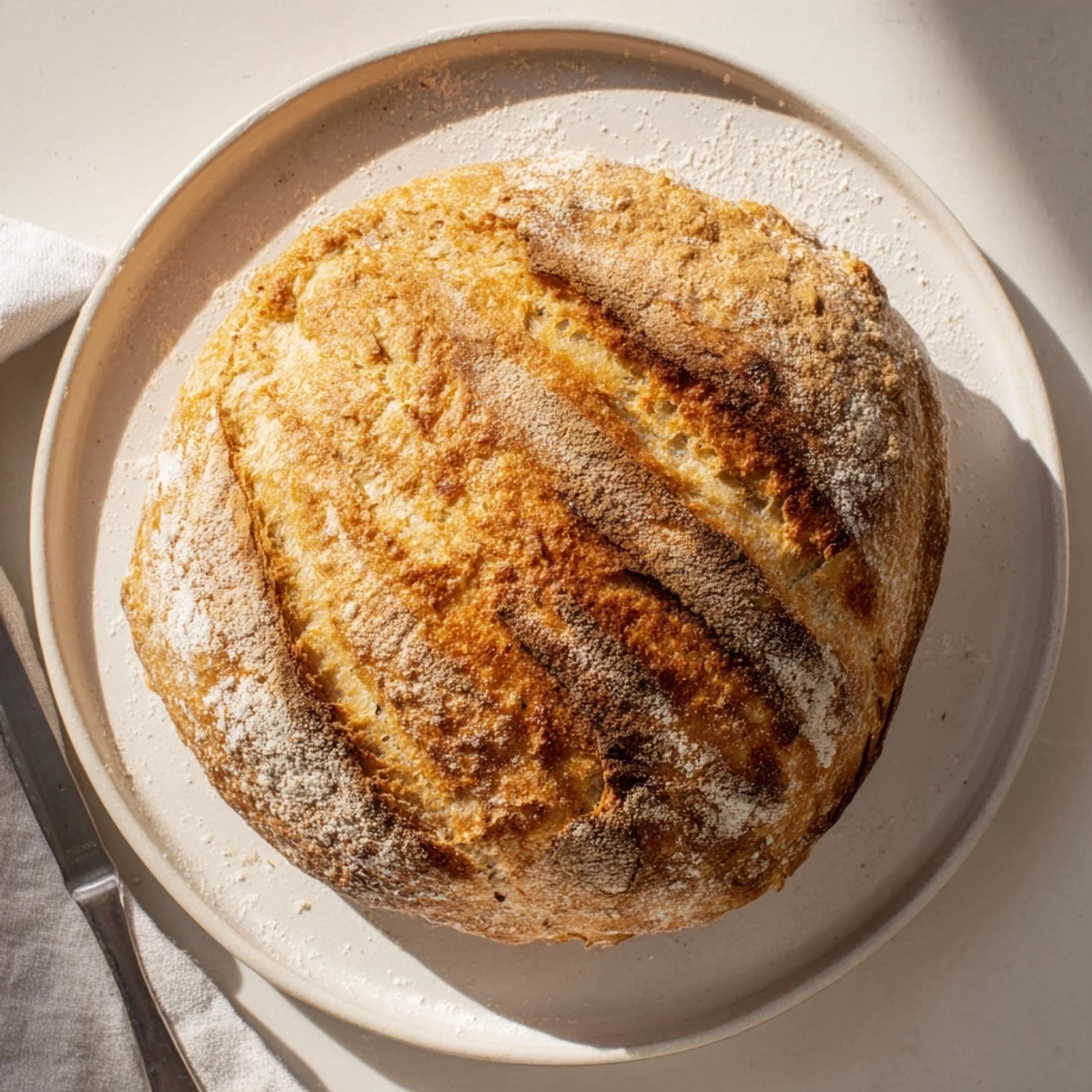Golden crusty easy rustic bread loaf with deep score marks on dark wooden board