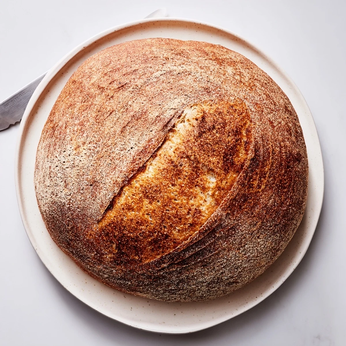 Artisan easy rustic bread with crackling crust served alongside olive oil dipping bowl
