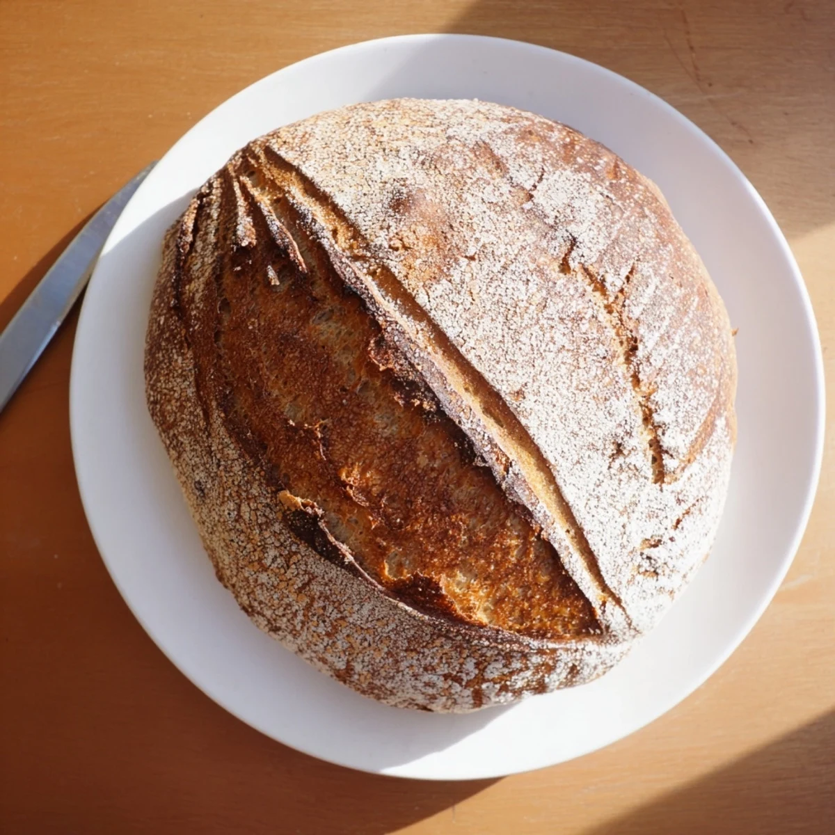 Freshly baked easy rustic bread sliced open revealing chewy interior on white linen