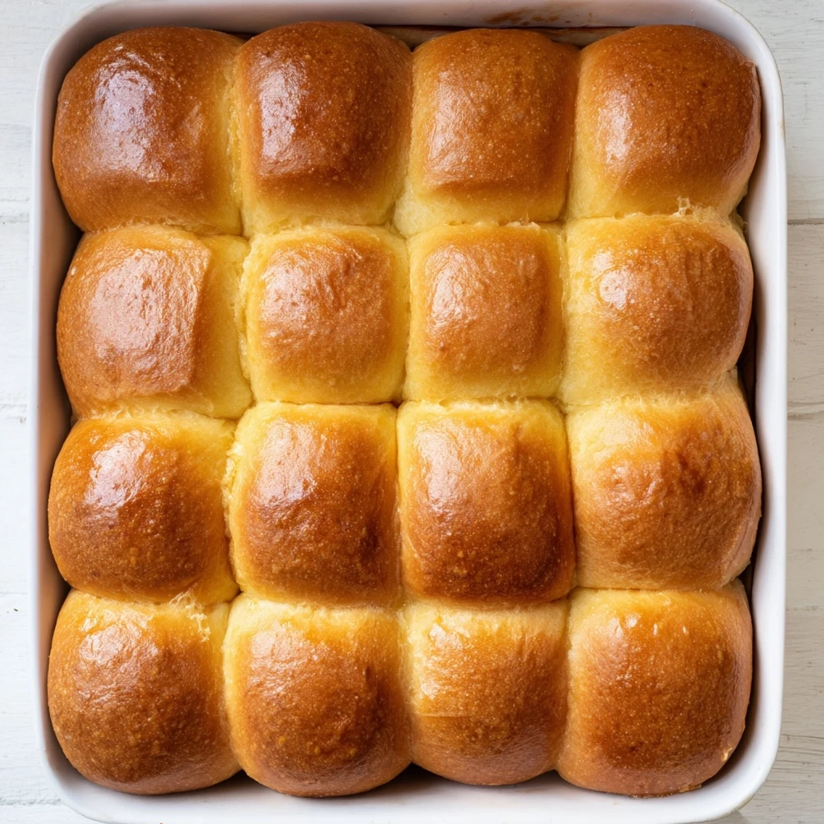 Golden brown Buttery Bliss Brioche Rolls arranged in a baking pan with glossy egg-washed tops